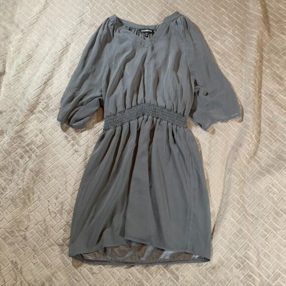 Express Womens Small Dress Gray Lined Chiffon Short Mini V Neck Flowy Summer - Picture 1 of 6